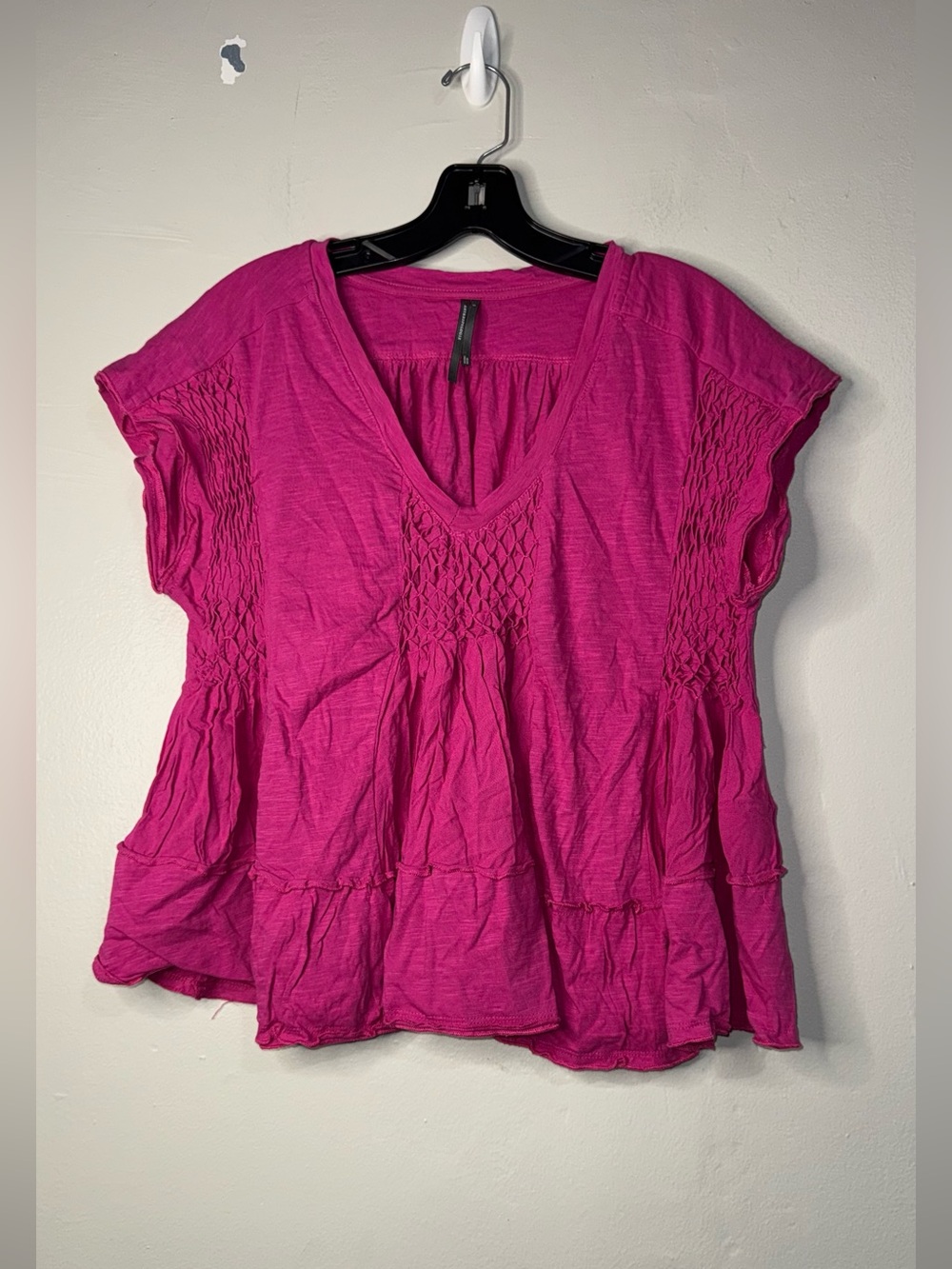 Anthropologie Fuchsia Smocked V-Neck Short Sleeve Blouse